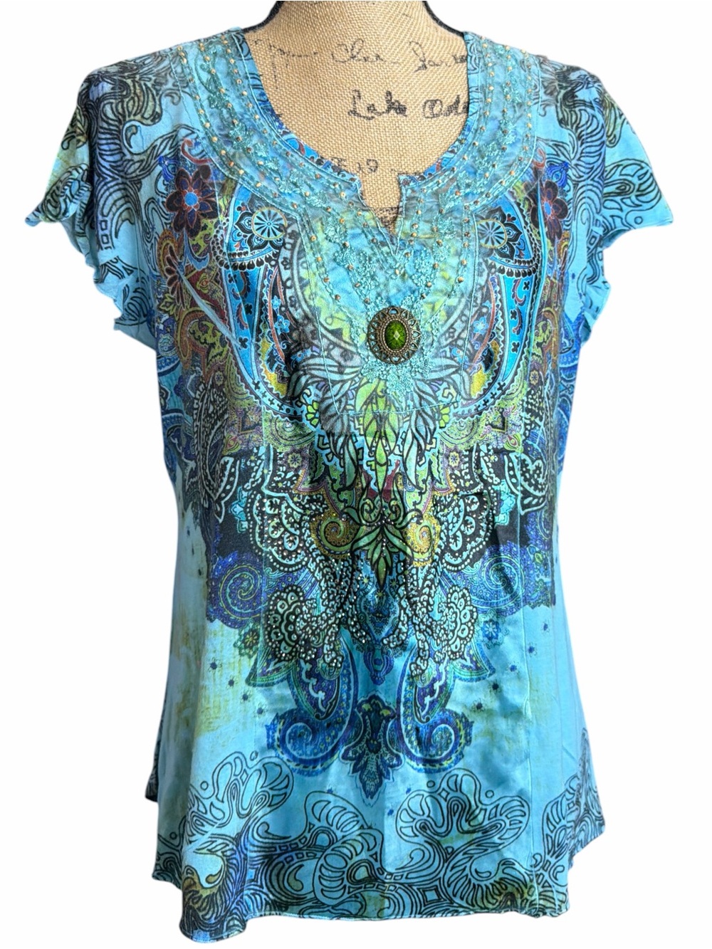 B.L.U.E.  Women's Petite Blue Paisley Embellished V-Neck Top EC. Size PXL